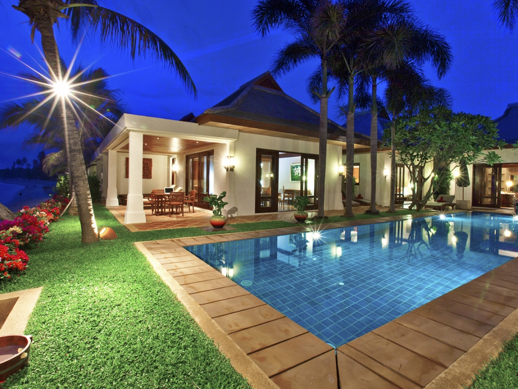 Pool & Villa Exterior at Night
