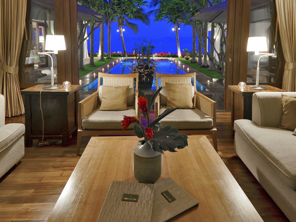 Living Room, Pool & View at Night